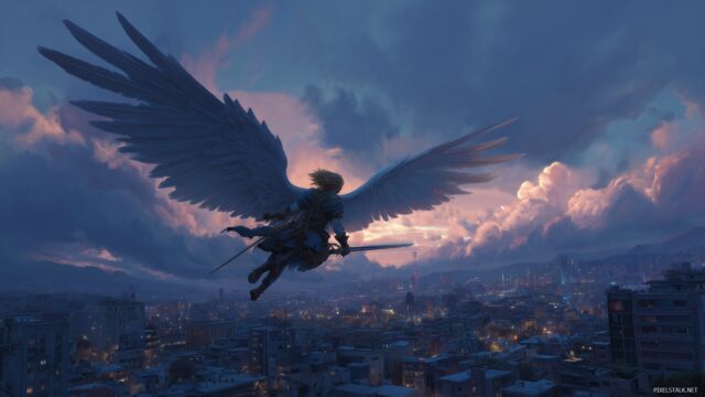 Angel desktop wallpaper HD for boys, a fierce angel with a determined expression flying above a cityscape at dusk, capturing the spirit of courage and adventure.