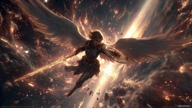 Angel desktop wallpaper HD for gaming, an action packed scene of a heroic angel battling dark forces in an epic celestial war, full of dynamic energy and motion.