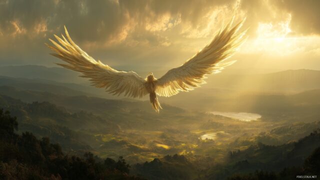 Angel desktop wallpaper HD free, a serene landscape featuring a majestic angel with ethereal wings soaring above a peaceful valley bathed in golden light.