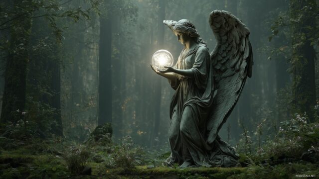 Angel desktop wallpaper HD high resolution, a captivating image of a serene angel holding a glowing orb, surrounded by a mystical forest filled with delicate light.