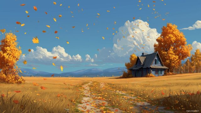 Animation Desktop Wallpaper HD Free Download, A Seasonal Autumn Landscape With Animated Falling Leaves And A Cozy Cottage In The Background