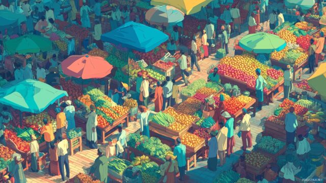 Animation Ultra HD Desktop Wallpaper, A Bustling Market Street With Animated People And Colorful Stalls Showcasing Fresh Produce