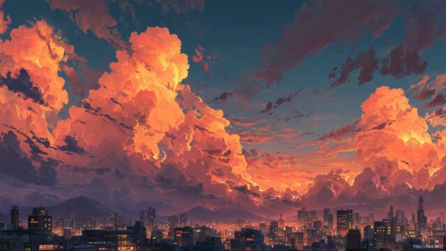 Animation Wallpaper, A Vibrant Cityscape At Sunset, Glowing Lights And Animated Clouds In The Sky
