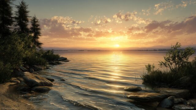 Animation Wallpaper HD For PC, A Tranquil Lakeside At Dawn With Animated Ripples On The Water And Gentle Waves Lapping Against The Shore