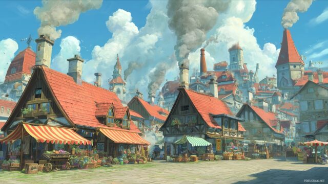 Animation Wallpaper For Desktop, A Charming Village With Animated Smoke Rising From Chimneys And Vibrant Market Scenes