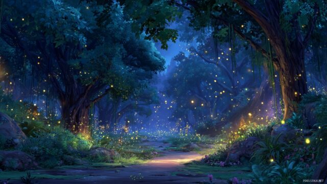 Animation Wallpaper For Mac, An Enchanted Evening Scene In A Fairy Forest With Twinkling Lights And Animated Fireflies