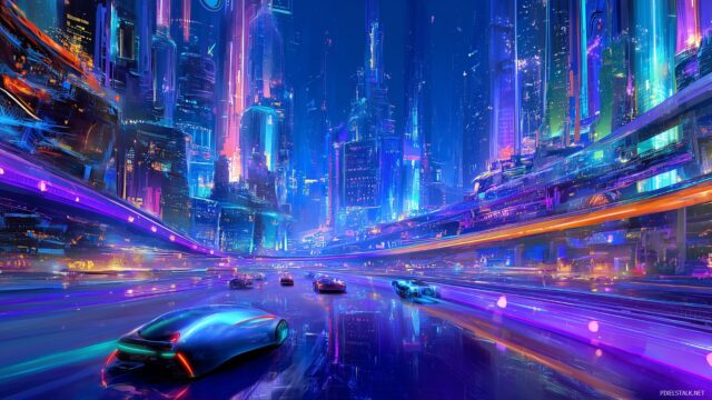 Animation Wallpaper Free Download, A Futuristic City Skyline Illuminated With Neon Colors And Flowing Futuristic Vehicles