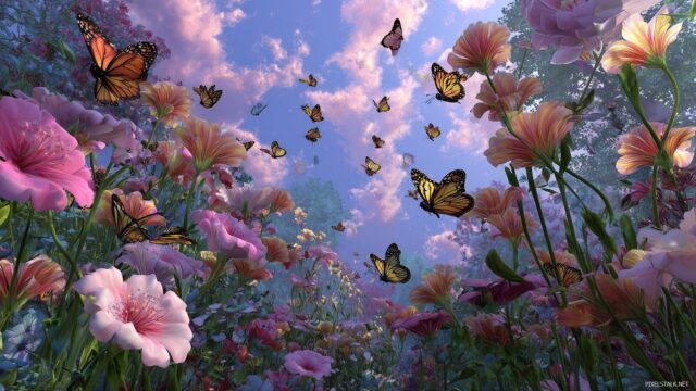 Animation Wallpaper High Quality, A Whimsical Garden With Blooming Flowers And Playful Butterflies Fluttering About