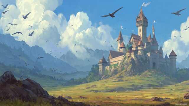 Animation Wide Screen Desktop Wallpaper, A Fantasy Castle With Animated Flags Waving In The Breeze And Birds Flying Around