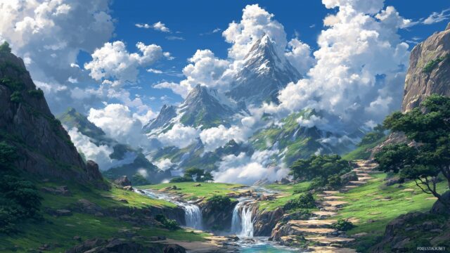 Animation Best Quality Desktop Wallpaper, A Serene Mountain Landscape With Animated Waterfalls And Drifting Clouds Above