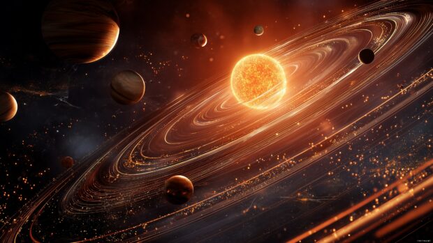 Animation desktop image, celestial view of planets rotating around a glowing sun in a cosmic space.