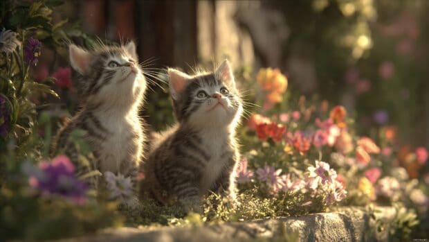Animation image desktop, playful kittens frolicking in a sunlit garden filled with flowers.
