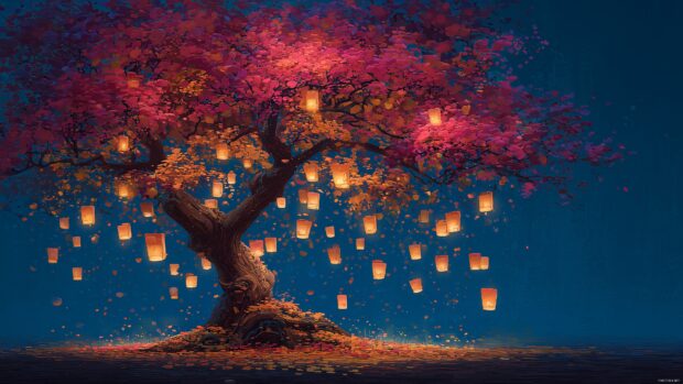 Animation images desktop art, whimsical tree with changing leaves and floating lanterns in a serene park.