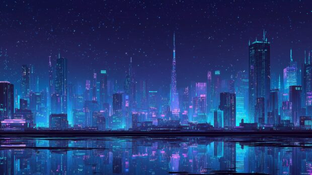 Animation images desktop backgrounds, futuristic cityscape at night with moving stars and neon lights.