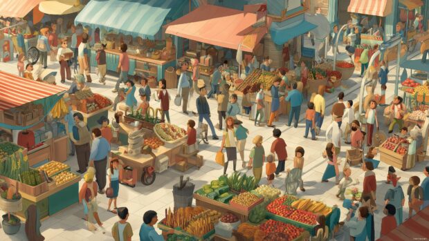Animation images desktop, bustling marketplace with animated characters going about their day.
