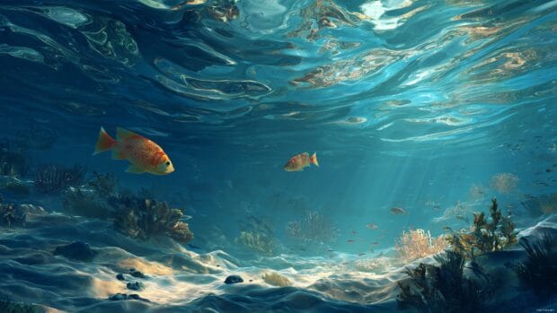 Animation images desktop screensavers, soothing underwater scene with swimming fish and gentle waves.