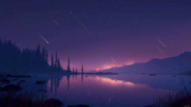 Animation images desktop settings, magical night sky filled with shooting stars over a tranquil lake.