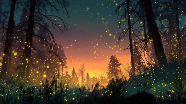 Animation images desktop wallpapers, vibrant forest with animated fireflies dancing in the twilight sky.