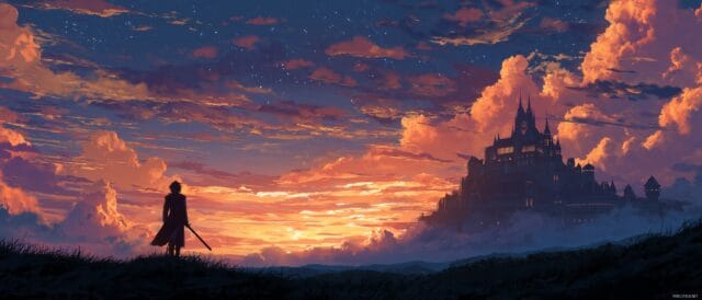 Anime Dual Monitor Desktop Wallpaper, A Warrior Standing In Front Of A Castle With An Epic Sunset Background