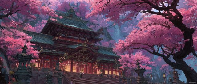 Anime Dual Monitor Full HD Desktop Wallpaper, A Beautiful Temple Surrounded By Cherry Blossom Trees And Mythical Beings