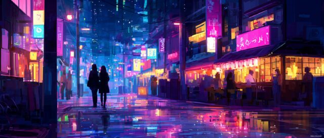 Anime Dual Monitor HD Wallpaper For Desktop Computer, A Glowing Neon Street With Characters Enjoying A Night Out
