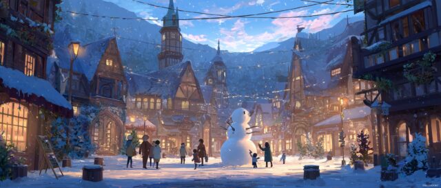 Anime Dual Monitor HD Wallpaper For Mac, A Cozy Winter Scene With Characters Building A Snowman In A Town Square