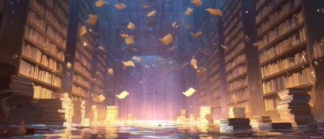 Anime Dual Monitor Ultra HD Desktop Wallpaper, A Magical Library Filled With Floating Books And Glowing Lights