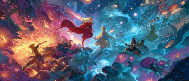 Anime Dual Monitor Wallpaper, A Vibrant And Colorful Fantasy World With Characters In Dynamic Action Poses