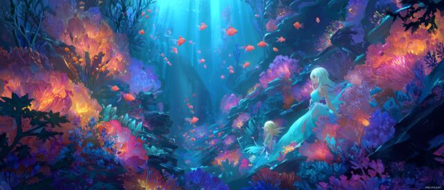 Anime Dual Monitor Wallpaper HD, A Mystical Underwater Scene With Vibrant Fish And Mermaids