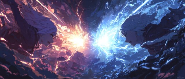 Anime Dual Monitor Wallpaper For Desktop Computer, A Stunning Art Style Depicting A Battle Between Light And Darkness