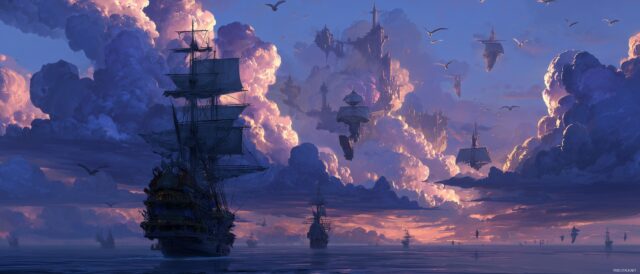 Anime Dual Monitor Wallpaper For Mac, A Dramatic Skyline With Flying Ships And Fantasy Landscapes