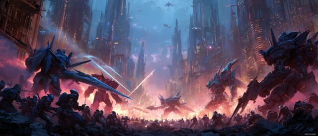 Anime Dual Monitor Wallpaper Free Download, An Epic Battle Scene Featuring Robots And Warriors In A Futuristic City