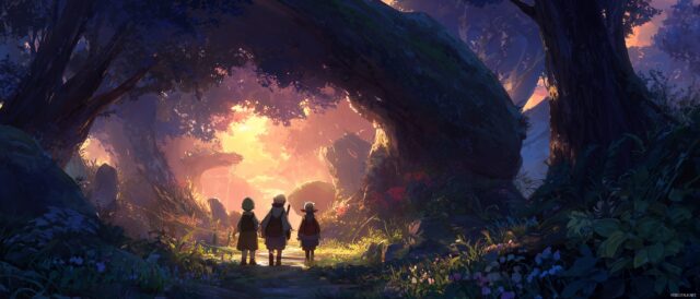 Anime Dual Monitor Wallpaper High Quality, A Group Of Friends Embarking On A Quest In An Enchanted Forest
