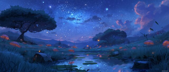 Anime Dual Monitor Wide Screen Desktop Wallpaper, A Serene Landscape With Magical Creatures Under A Starry Sky
