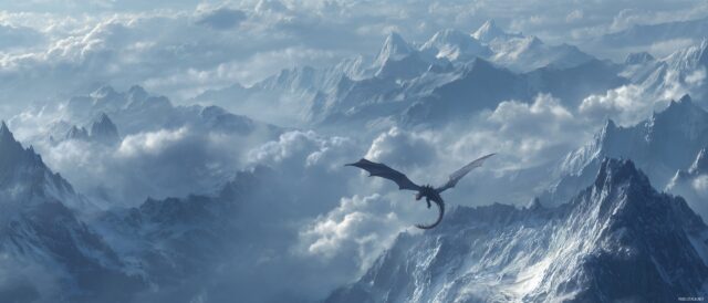 Anime Dual Monitor High Definition Wallpaper, A Breathtaking View Of A Dragon Soaring Over Mountains