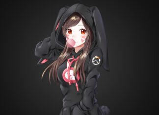Anime Girl With Bubble Gum In Black Hoodie Wallpaper