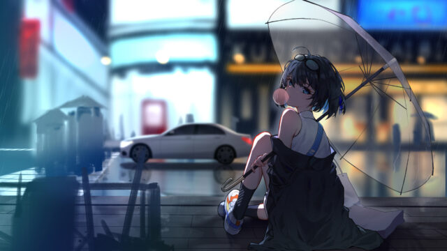 Anime Girl With Umbrella Chewing Bubble Gum Wallpaper
