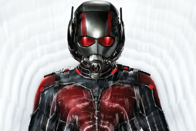 Ant Man Wallpaper featuring detailed Red and Black Suit with Helmet Close up
