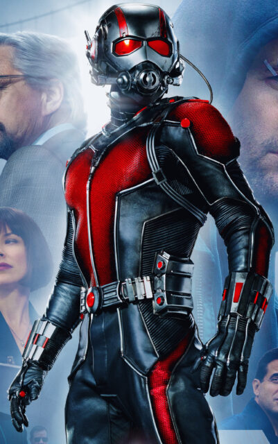 Ant Man in detailed red and black suit with supporting characters background wallpaper