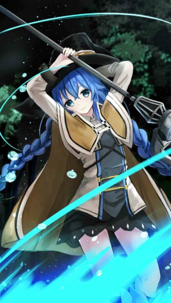 A character casts a powerful aqua magic spell in a forest setting from Mushoku Tensei Jobless Reincarnation