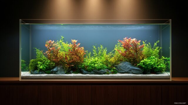 Aquarium Background, A Sleek Modern Aquarium With Aquatic Plants And Gentle Lighting, Perfect For A Calming Workspace