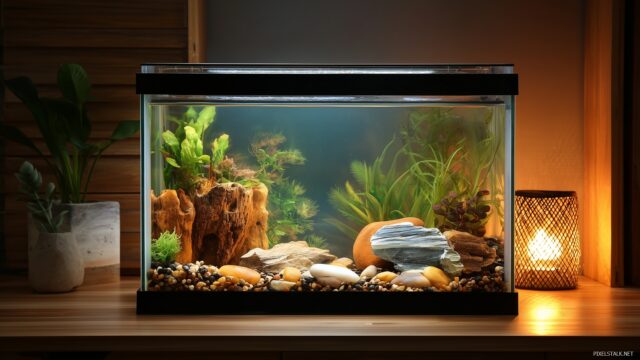 Aquarium Background, A Cozy Small Aquarium Setup On A Wooden Desk, With Warm Lighting And A Few Decorative Rocks