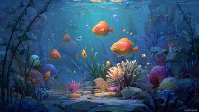 Aquarium Background Desktop Wallpapers, A Whimsical Underwater World Inhabited By Cartoonish Fish And Playful Sea Creatures