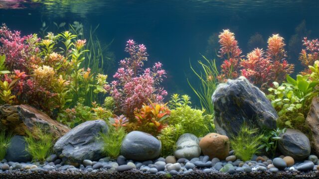 Aquarium Background Desktop Wallpapers, A Beautifully Arranged Aquascape With Clear Water, Stones, And Colorful Aquatic Plants