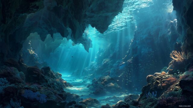 Aquarium Background For Desktop, A Breathtaking Underwater Cave Filled With Mysterious Shadows And Shimmering Sea Life