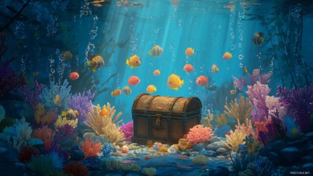 Aquarium Background For Desktop Wallpapers, A Peaceful Underwater Tank With A Treasure Chest Surrounded By Vibrant Fish And Bubbles