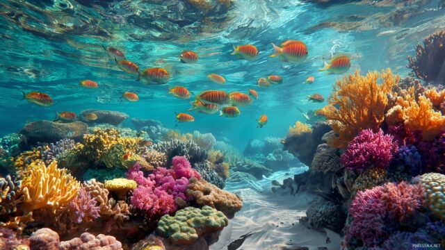 Aquarium Background For Desktop Wallpapers, A Serene Underwater Scene Filled With Colorful Fish Swimming Among Vibrant Coral Reefs