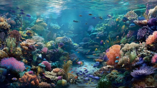 Aquarium Background For Desktop Wallpapers, A Panoramic View Of A Tropical Reef, Bursting With Diverse Marine Life And Bright Colors