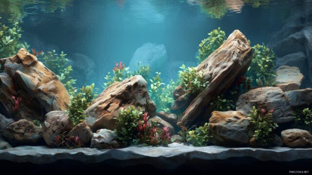 Aquarium Background Ideas For Laptop, A Vibrant Aquascape Showcasing Natural Rocks And Plants, Promoting Tranquility And Focus