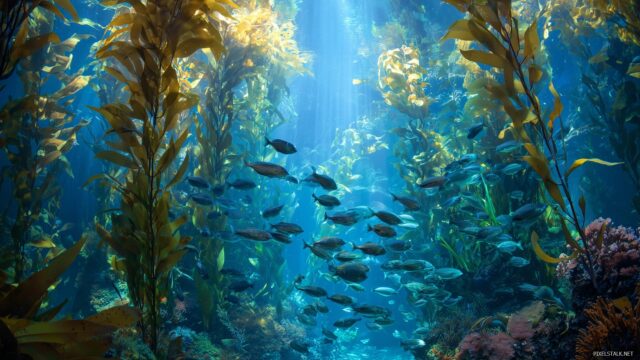 Aquarium Background Inspiration For Desktop, An Enchanting Underwater Landscape With Schools Of Fish Darting Through Lush Seaweed Gardens